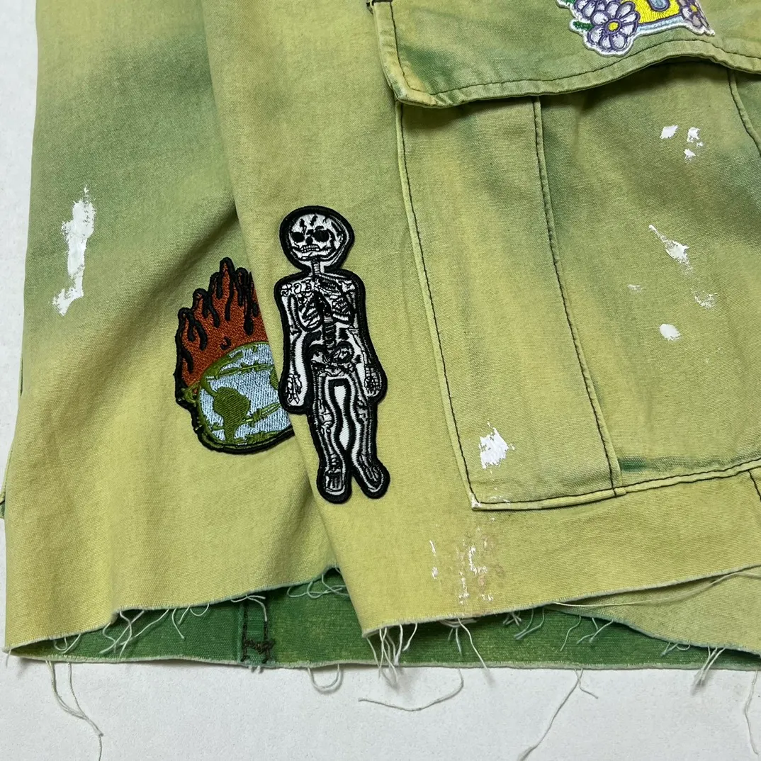 Super heavy duty! 10 embroidered stamps on full pants, one G leather stamp, GALLERY DEPT. KENZIE FATIGUE CARGO SHORTS, patch embroidered shorts, distressed splash-ink overalls, olive green size 30/32/34/36